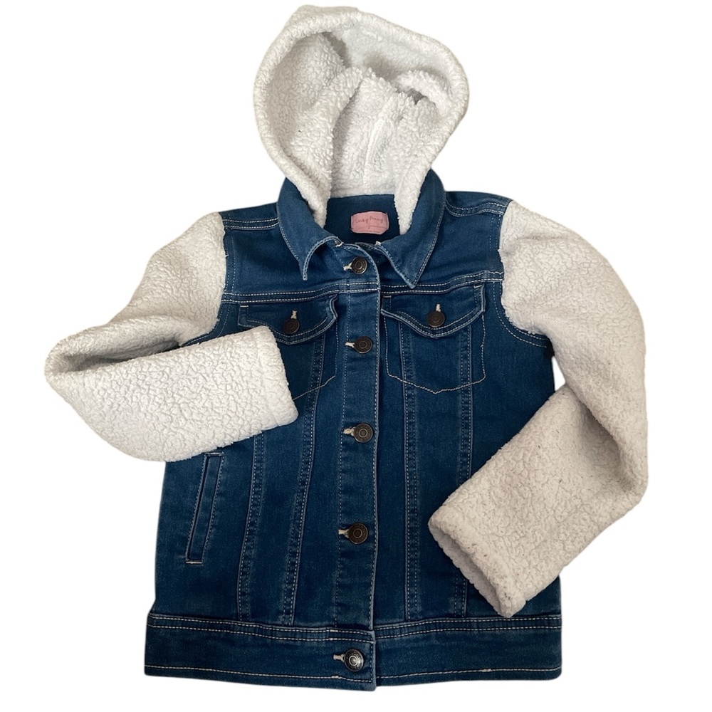 Kids Blue Denim Jacket with Cream Sherpa Hood and Sleeves